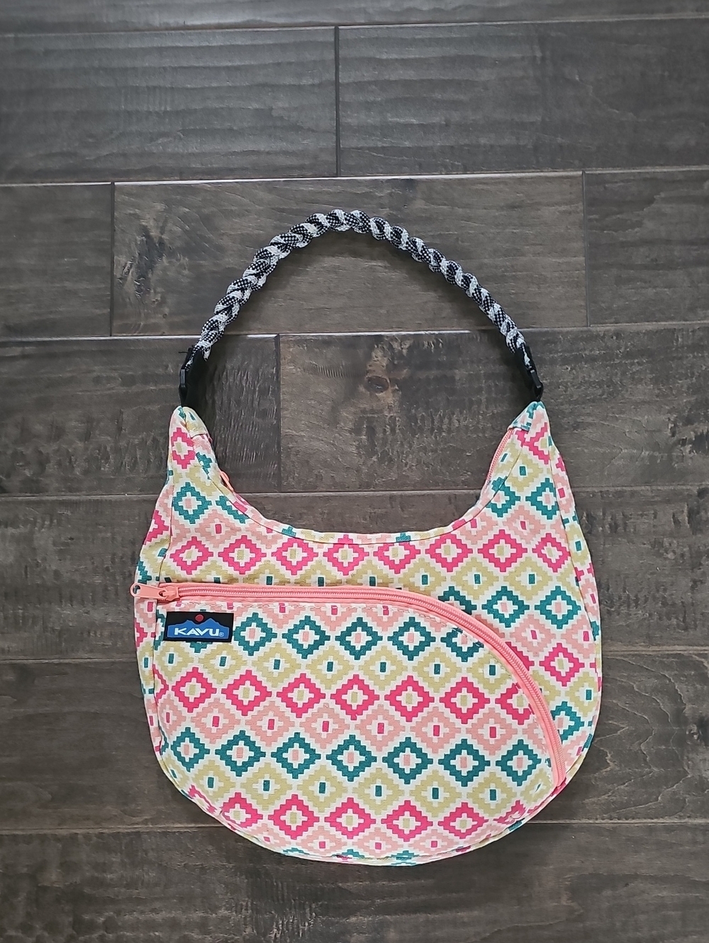 Kavu Sydney Satchel Multicolor Diamond Geometric Print Shoulder Bag Pink Trim - Picture 7 of 7